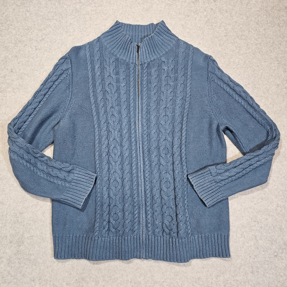 LL Bean Womens Cable Knit Cardigan Sweater XL Petite Blue Full Zip Mock Neck